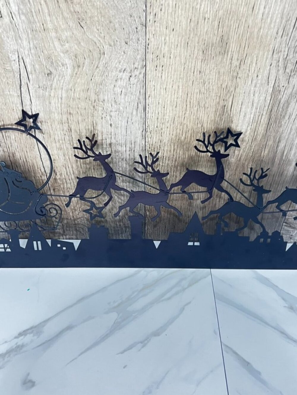 Metal Silhouette Santa Sleigh & Reindeer Christmas Flying Over Village 8x19.5"